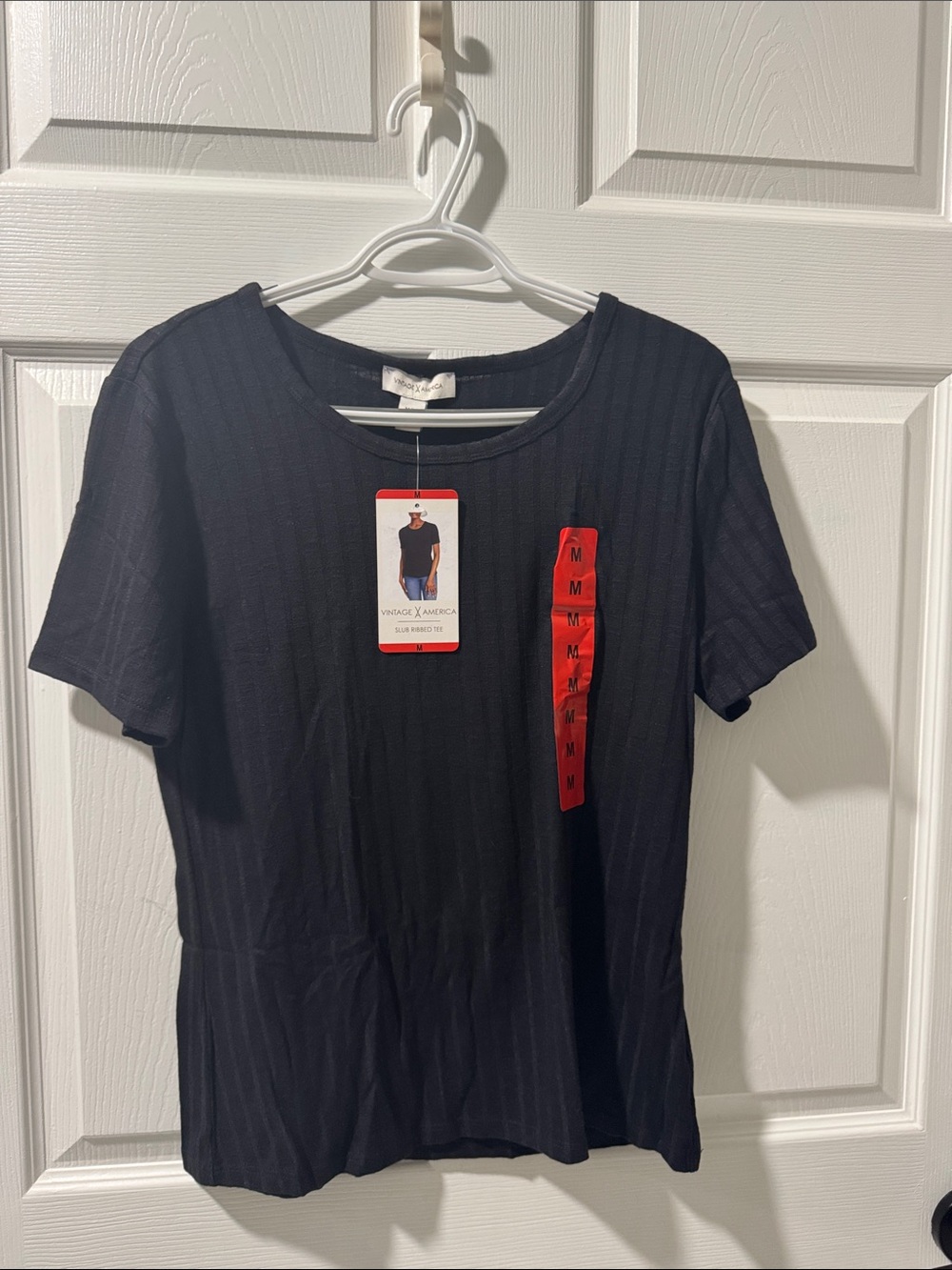 Vintage America Black Ribbed Short Sleeve Top with Red Tag Detail